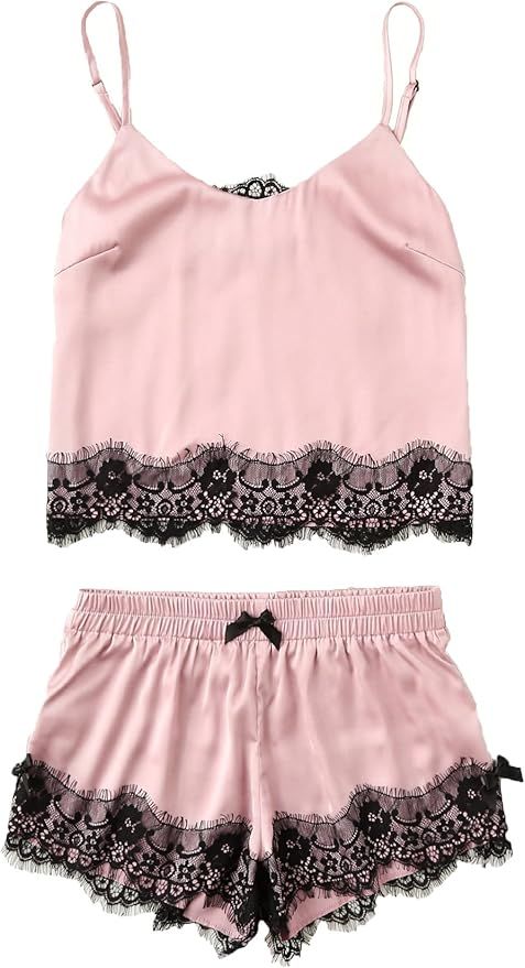 MakeMeChic Women's Lace Satin Sleepwear Cami Top and Shorts Pajama Set | Amazon (US)
