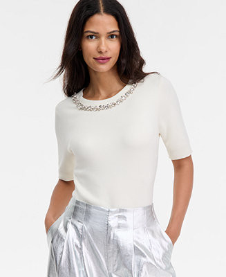 Women's Short-Sleeve Embellished-Neck Sweater, Macy's Exclusive | Macy's