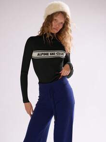 MUSERA High Neck ' Ski Club' Knitted Stripe Fitted Jumper Autumn Fall Winter Ski Vacation Christm... | SHEIN