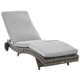 Grey Metal Plastic Rattan Outdoor Chaise Lounge Chair with Grey Cushions, 2 Wheels and 5 Backrest... | The Home Depot