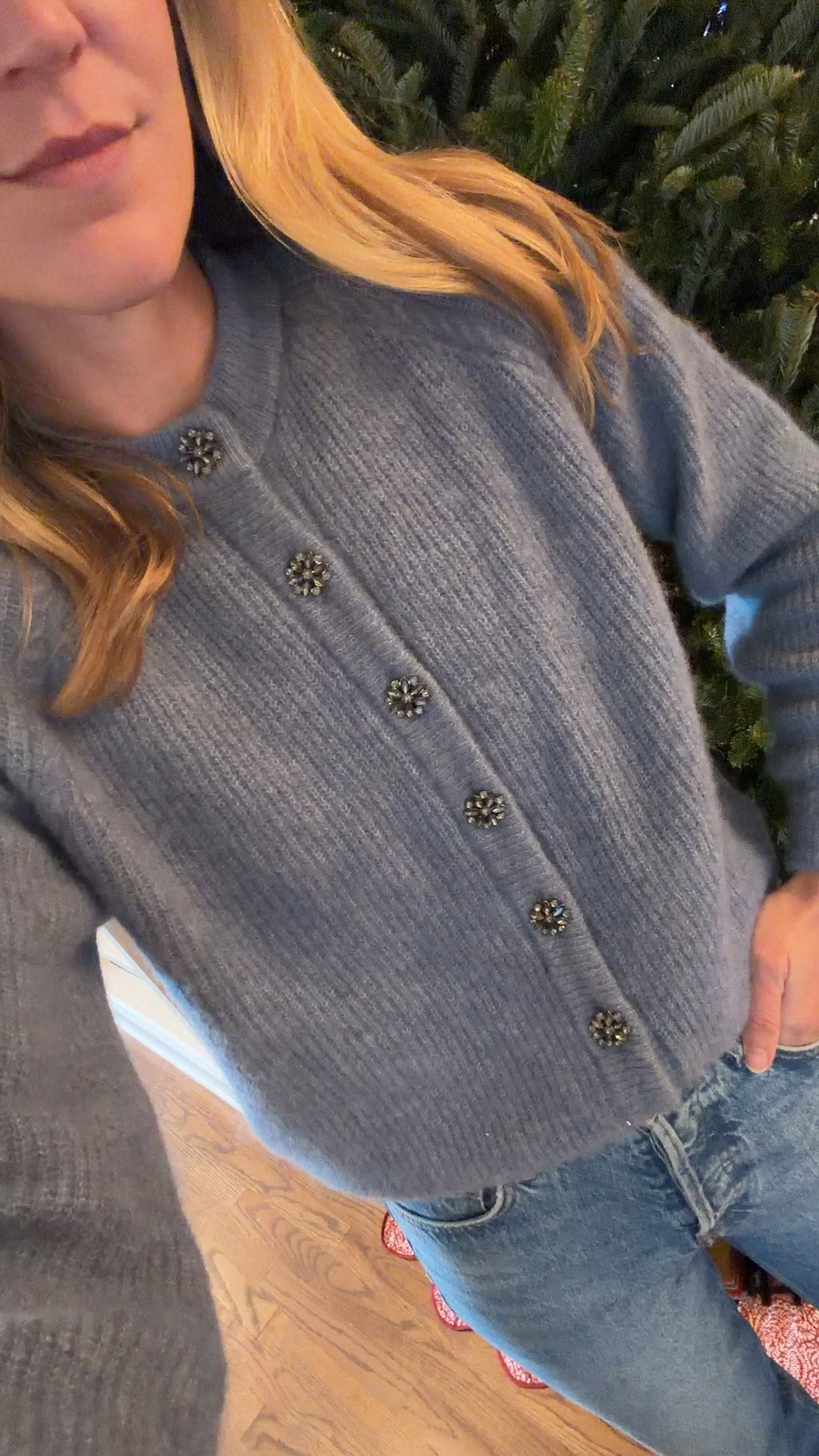 Adore this pretty blue sweater that’s not itchy at all! Wearing size small. The buttons aren’t favorite part ✨