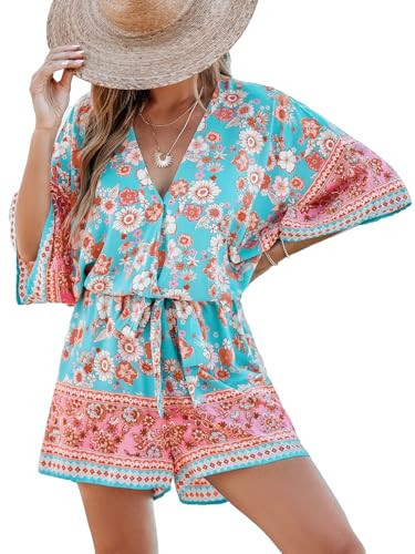 CUPSHE Women's Summer Romper V Neck Half Sleeve Floral Wide Leg Loose Fit Belted Beach Mini Jumpsuit Mint Floral, L | Amazon (US)