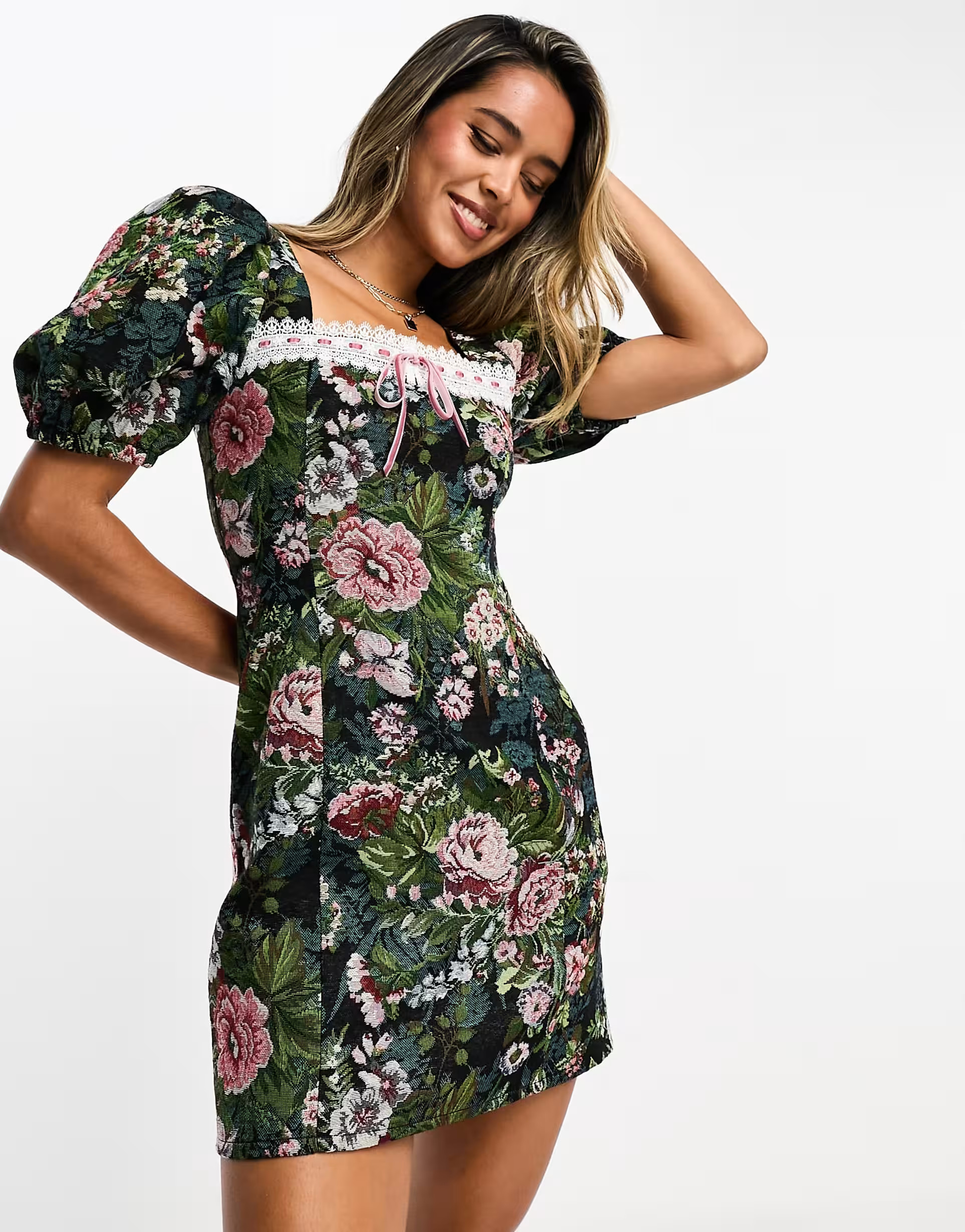 ASOS DESIGN tapestry milkmaid mini dress with ribbon detail in floral | ASOS (Global)