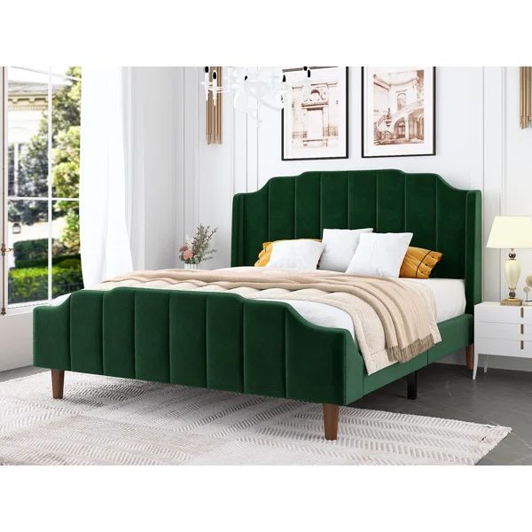Queen Size Velvet Bed Frame With Modern Curved Upholstered Headboard And Footboard, Upholstered P... | Wayfair Professional