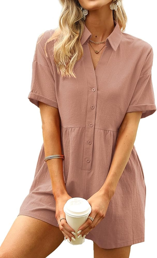 DEEP SELF Women's Summer Casual Short Sleeve Button Down Shorts Rompers V Neck Collared Jumpsuit ... | Amazon (US)