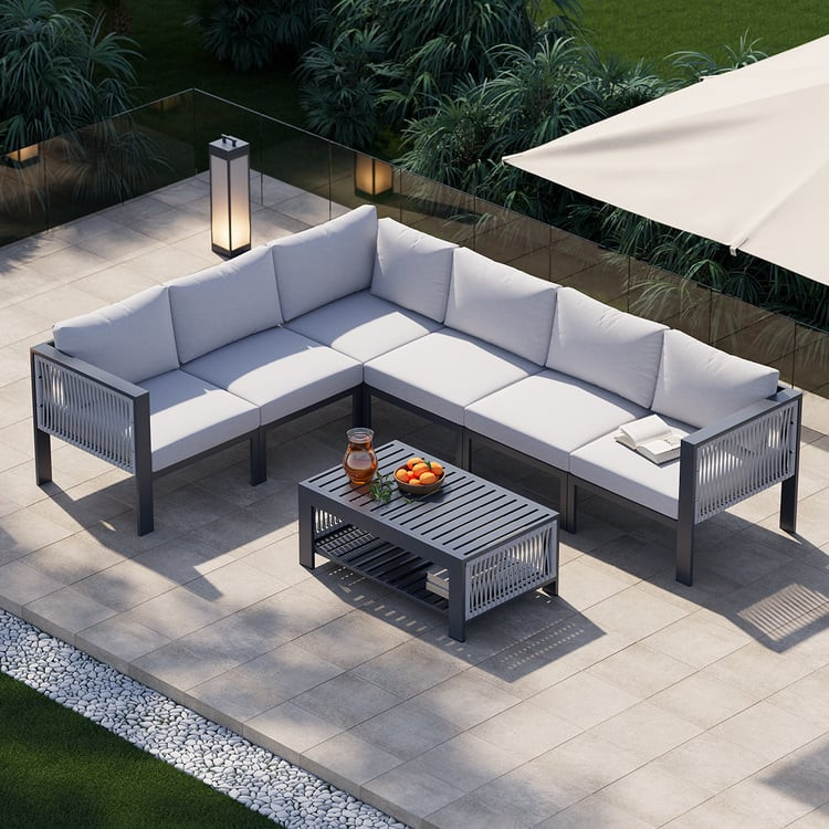 7-Pieces Modular Aluminum L-Shaped Outdoor Sectional Sofa Set in Light Gray for 6 Person | Homary