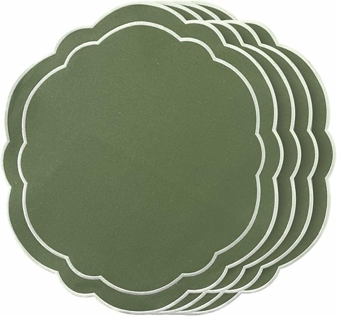 Round Placemats Set of 4, Cotton Linen- Double Layered, Luxury Scalloped Embroidered Cloth Table ... | Amazon (US)