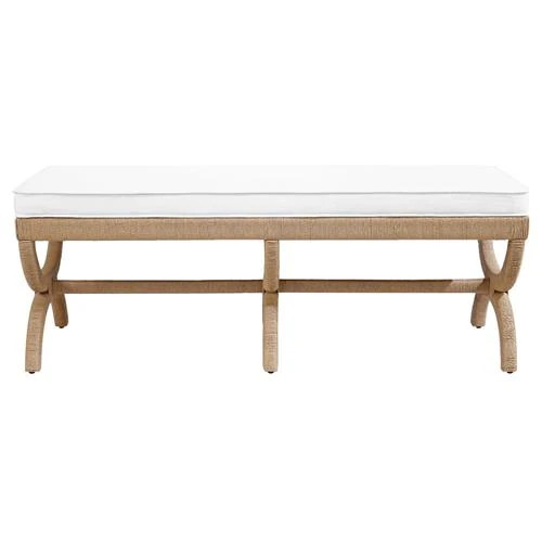 Worlds Away Xanadu Coastal Beach White Upholstered Natural Rope Entryway Bench | Kathy Kuo Home