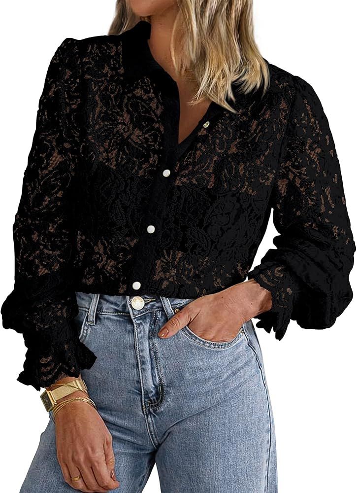 BTFBM Long Sleeve Lace Blouses for Women 2024 Fall Dressy Casual Button Down Shirts Date Night Ou... | Amazon (US)