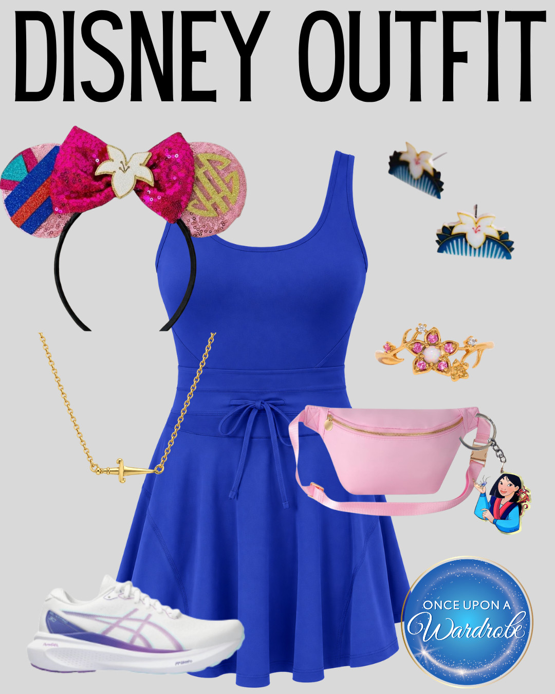 A Mulan-inspired Disney outfit with a royal blue dress, pink belt bag, colorful Minnie ears and gold accessories. The Mulan bag charm, blossom-inspired jewelry and comfy sneakers make this a great park look for EPCOT, especially the China Pavilion, or a full day at Hollywood Studios. 

 #LTKootd #LTKmomlife #LTKTravel