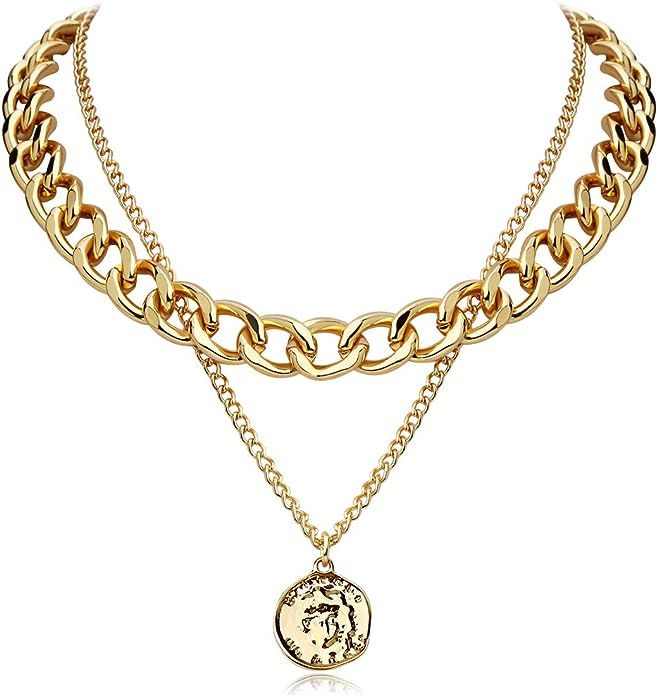 FAMARINE Gold Choker Layered Necklace for Women 4MM, Fashion Geometric Pandent 2 Layered Necklace... | Amazon (US)
