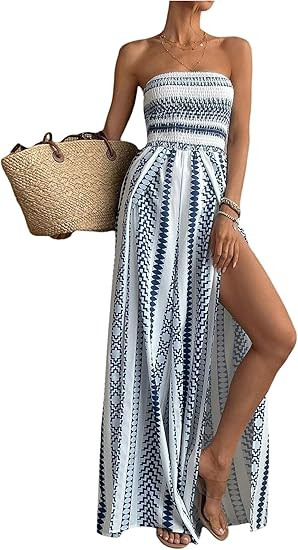 SOLY HUX Women's Boho Printed Tube Top Romper Strapless High Split Wide Leg Vacation Jumpsuits | Amazon (US)