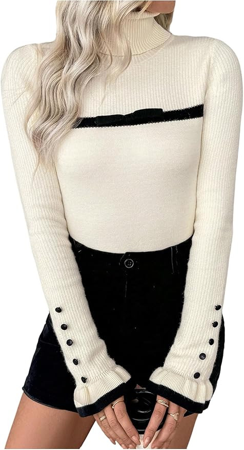 Verdusa Women's Turtleneck Sweater Long Sleeve Ribbed Knit Lightweight Thermal Fitted Knitwear | Amazon (US)