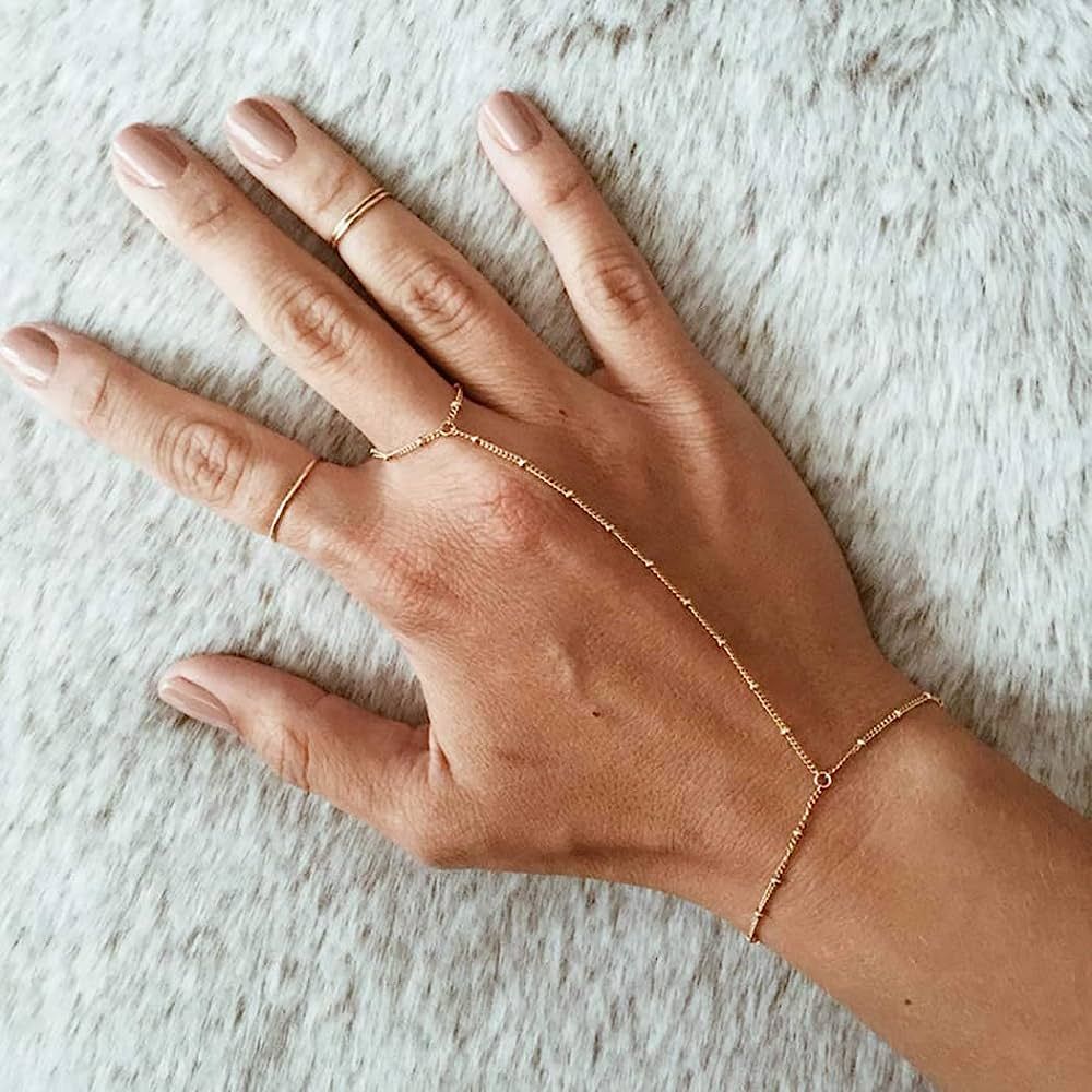 Obmyec Simple Hand Chain Beaded Finger Chain Bracelets Delicate Slave Bracelet for Women and Girl... | Amazon (US)
