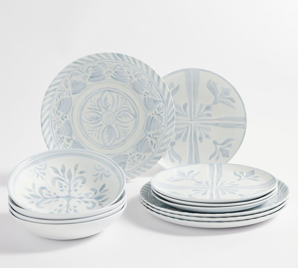 Chambray Tile Outdoor Melamine 12-Piece Dinnerware Set | Pottery Barn (US)