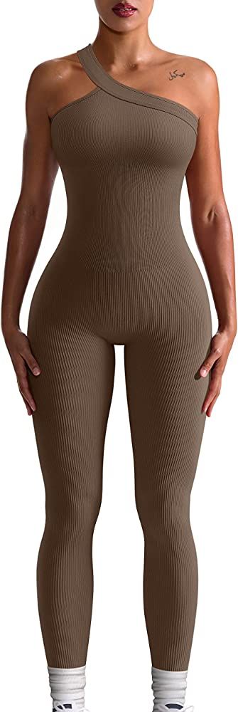 OQQ Women Yoga Jumpsuits Workout Ribbed One Shoulder One Piece Sport Jumpsuits | Amazon (US)
