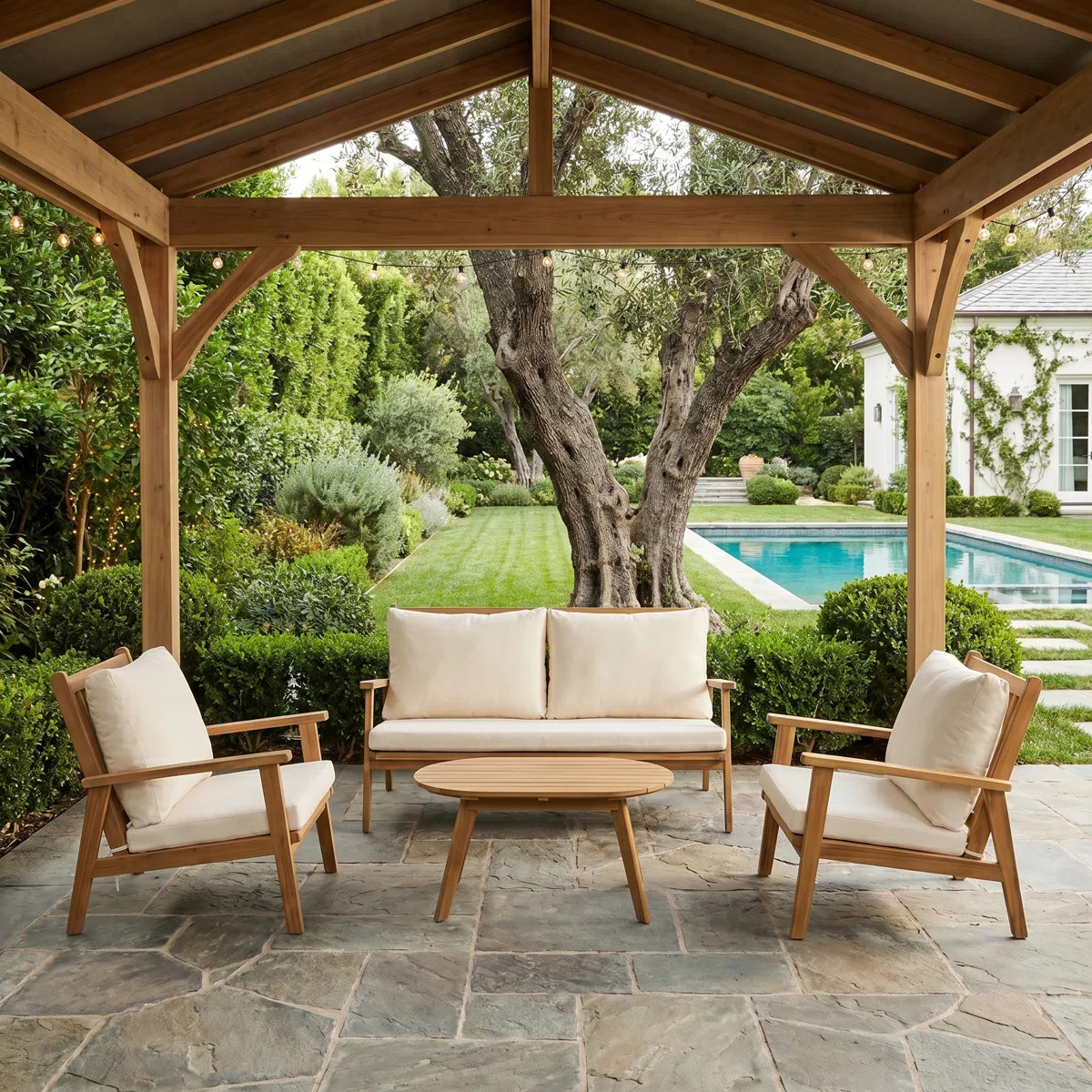4-Piece Acacia Wood Patio Conversation Set with Cushions, Outdoor Loveseat, 2 Lounge Chairs & Cof... | Wayfair North America