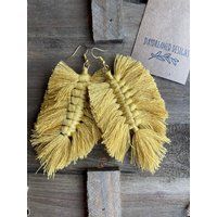 Mustard Yellow Leaf Shaped Macrame Fringe Tassel Earrings | Etsy (US)