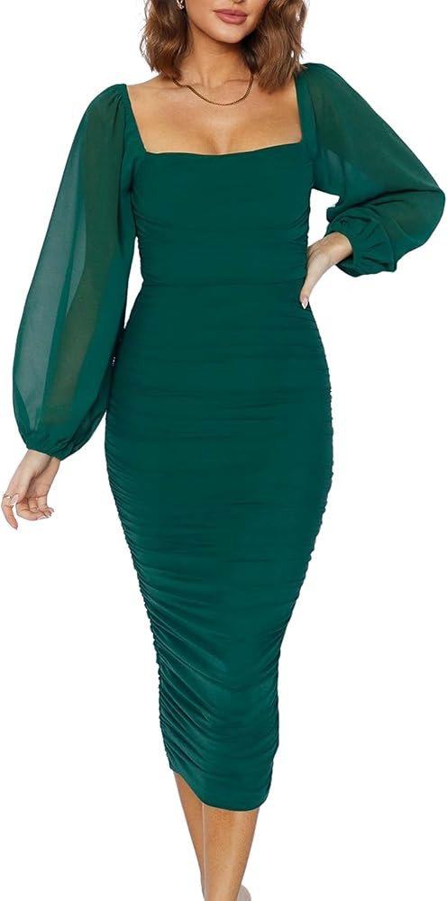 MASCOMODA Women's 2024 Long Puff Sleeve Ruched Midi Bodycon Dress Sexy Mesh Wedding Guest Party C... | Amazon (US)
