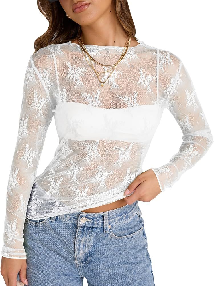 KTILG Womens Mesh Top Long/Cap Sleeve Embroidery Sheer Blouse Sexy See Through Shirt Lace Tops S-... | Amazon (US)