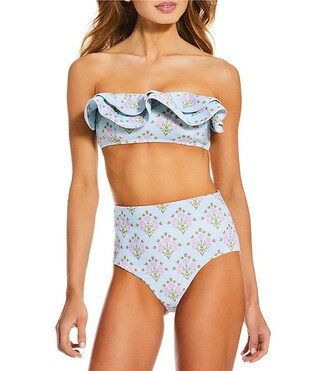 A Loves A Traditional Blooms Ice Blue Bonded Ruffle Bandeau Swim Top & Reversible High Waist Swim... | Dillard's
