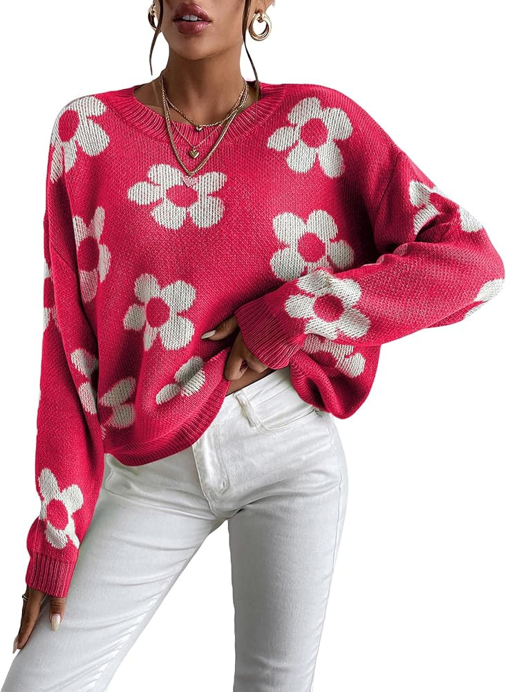 OYOANGLE Women's Ribbed Knit Long Sleeve Top Floral Drop Shoulder Loose Sweater | Amazon (US)