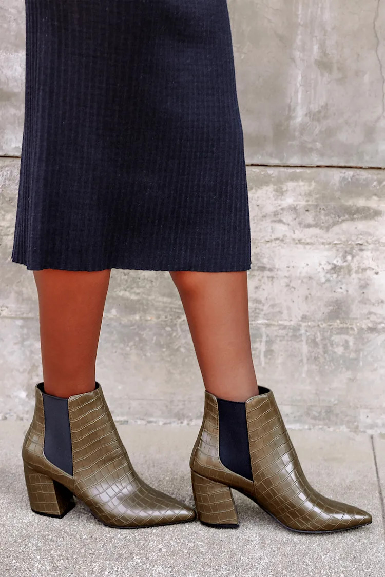 Cecy Khaki Croc Pointed Toe Ankle Boots | Lulus (US)