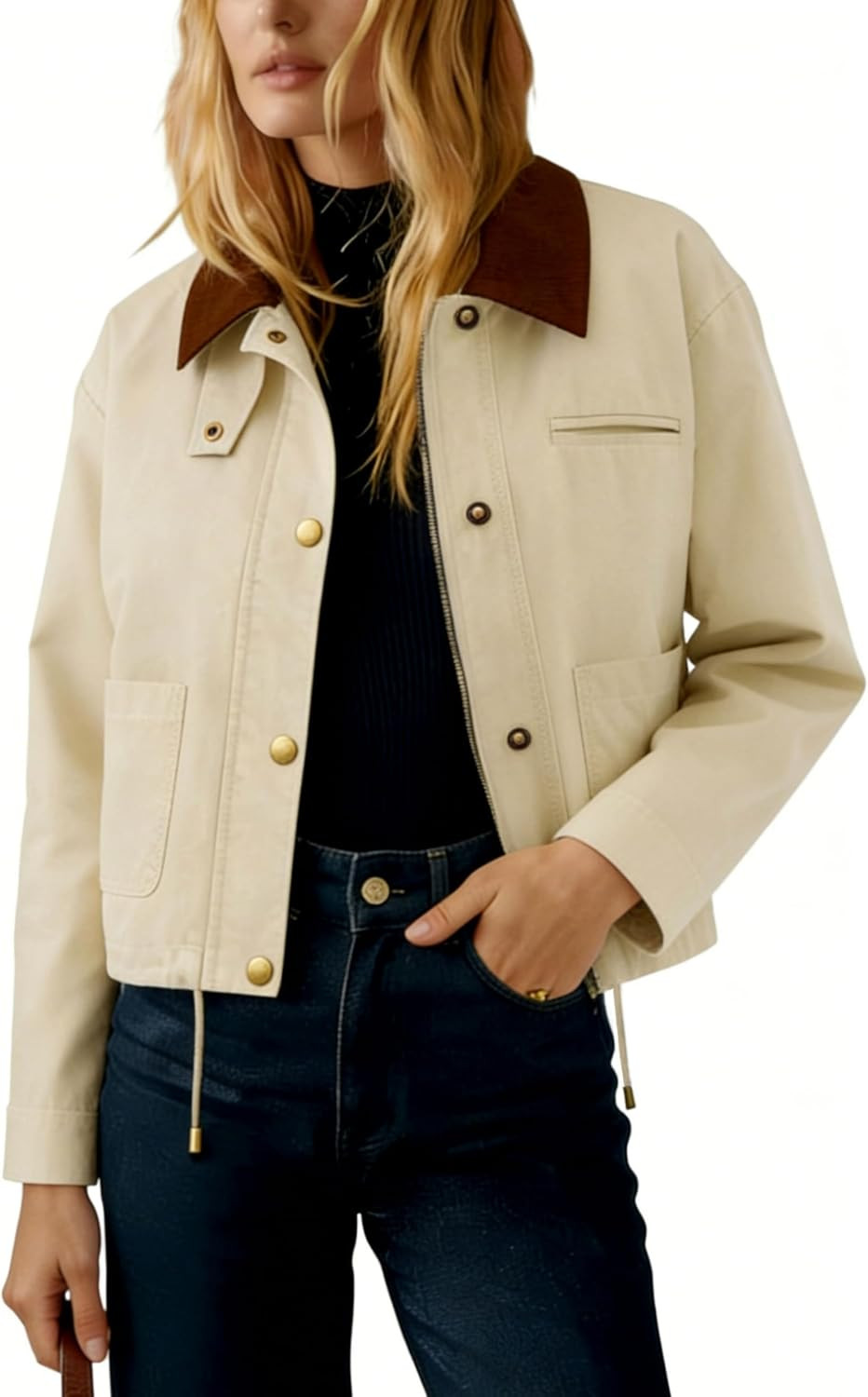 Womens Cropped Zipper Jackets Contrast Collar Casual Button Varsity Shackets Outwear with Pockets | Amazon (US)
