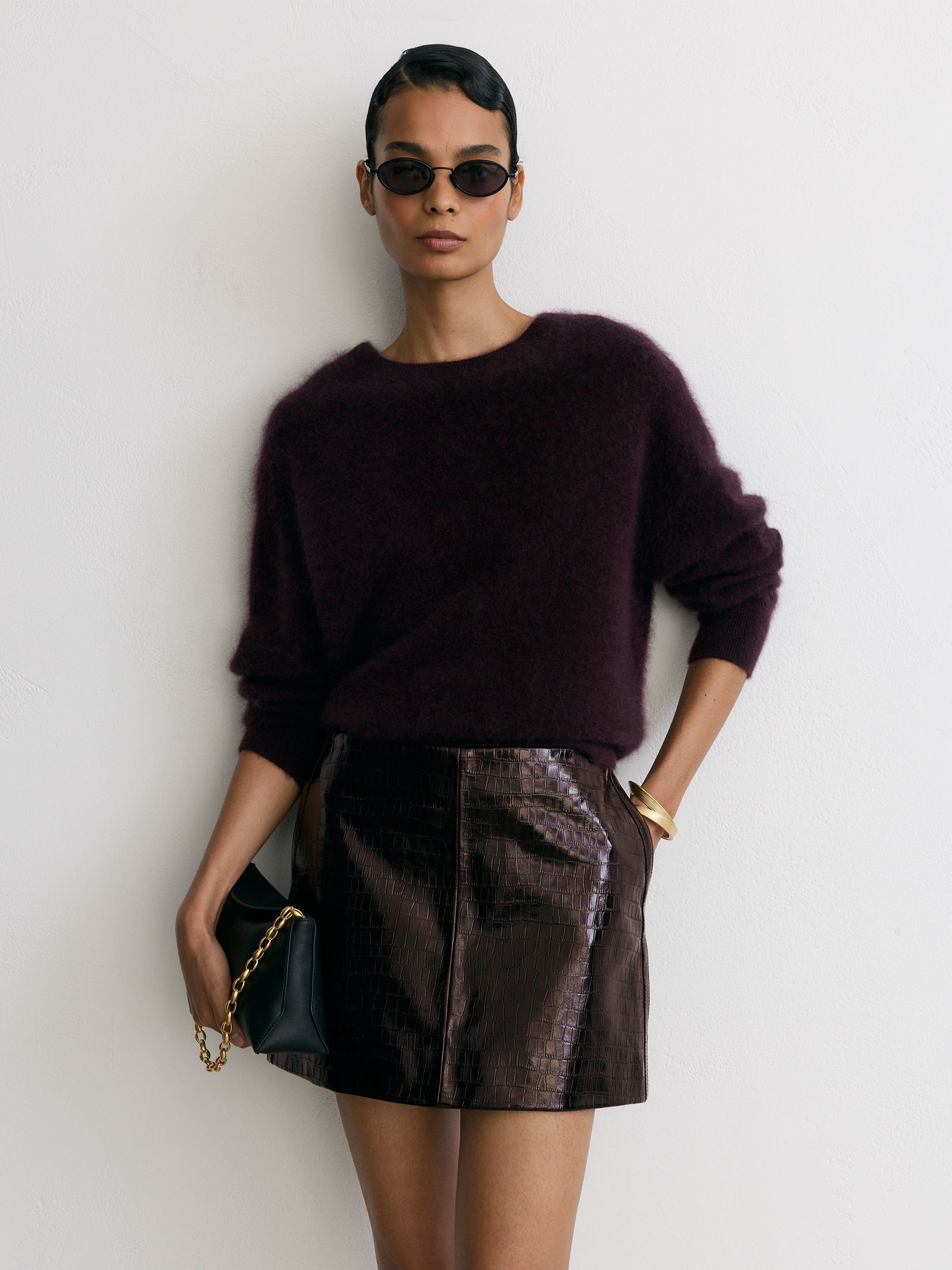 Leather Crocodile-Effect Mini Skirt | Reiss US