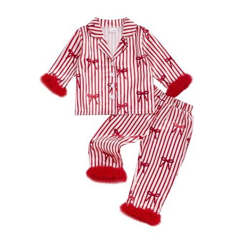 FULA-bao Baby Girls Boys Silk Christmas Pajamas Set Santa Claus Bows Satin Pj Sets Long Sleeve Button Up Shirts Tops and Pants (Bows Striped Red, 2-3 Years) | Amazon (US)