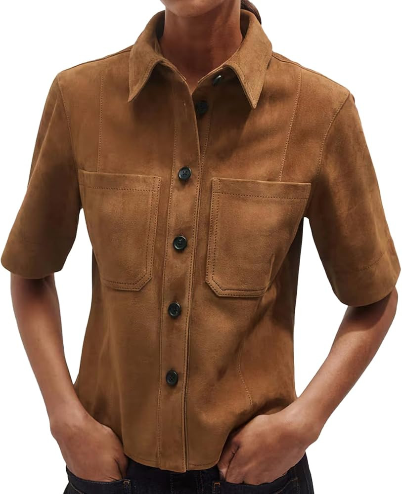 Women's Suede Short Sleeve Lapel Single Shirt Classic Button - Cowboy Fashion, Amazon Fall | Amazon (US)