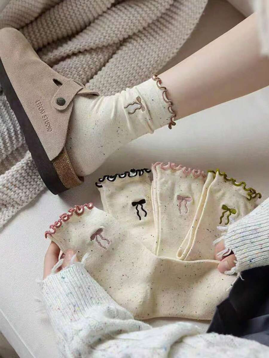 4pairs Random Bow Decorated Women Mid-Calf Socks, Spring/Summer, Thin Style, Moisture-Wicking, Bl... | SHEIN