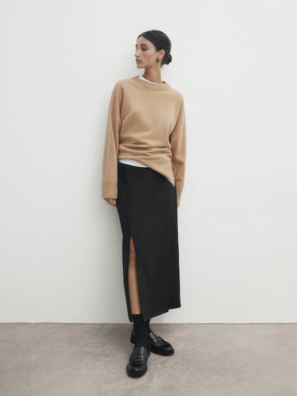 Wool and cashmere blend cape sweater with a crew neck | Massimo Dutti UK