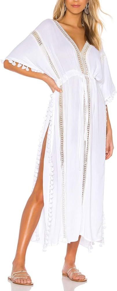Sexy White Swimsuit Cover Up Swimwear for Women Half Sleeve Side Split Beach Dress with Tassel | Amazon (US)