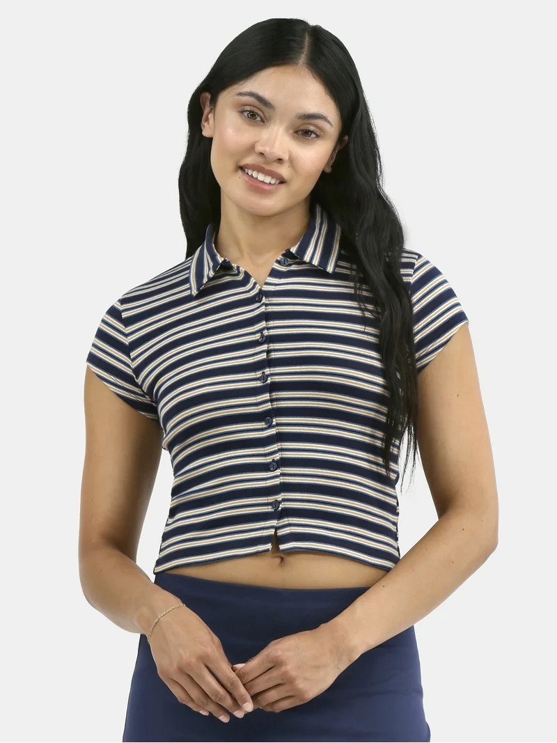 No Boundaries Button Front Cropped Striped Polo Shirt, Women's - Walmart.com | Walmart (US)