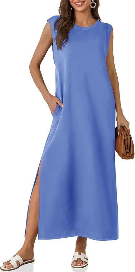 Wenrine Womens Maxi Dress Casual Sleeveless Crewneck Side Slit Loose Vacation Summer Dresses with... | Amazon (US)