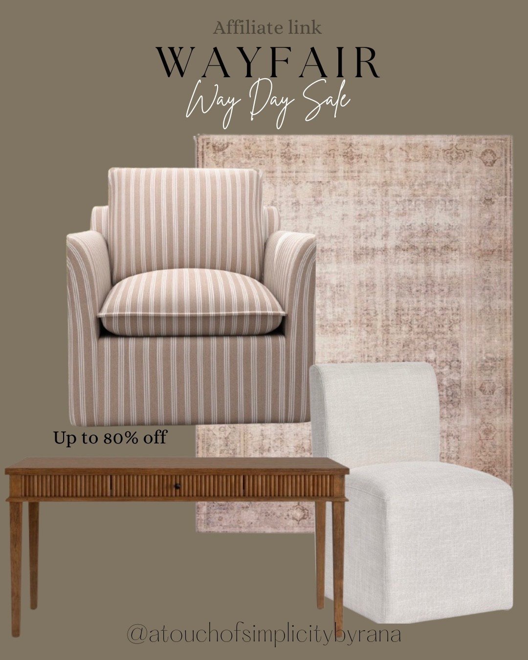 @Wayfair  Way Day Sale is here!! April 25 - April 27 up to 80% off! Mirrors, bed frames, accent chairs, decor and more! Rounding up my favorites

Accent chairs, upholstered chair, desk, solid wood,Wayfair finds, Wayfair, bed, area rug, neutral rug, striped chair , down fill modern dining chairs, Amber Lewis x Loloi, Loloi rugs, reeded desk, modern dining chairs , casters 

#LTKHome #LTKSaleAlert
