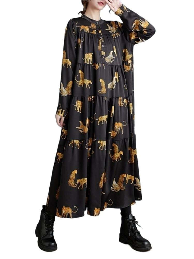 Women's Spring Animal Print Fashion Long Dress Ruffle Pleated Loose Oversized Ladies Dresses Casu... | Amazon (US)