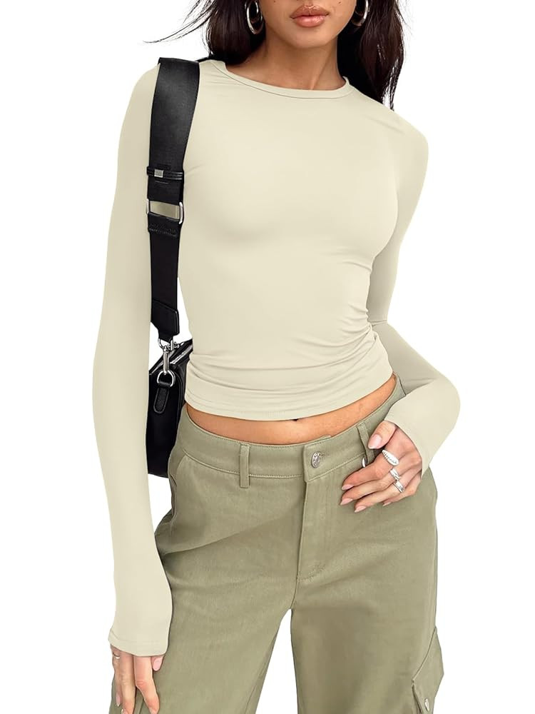 Trendy Queen Womens Long Sleeve Shirts Fall Fashion 2025 Basic Crop Tops Going Out Workout Outfit... | Amazon (US)