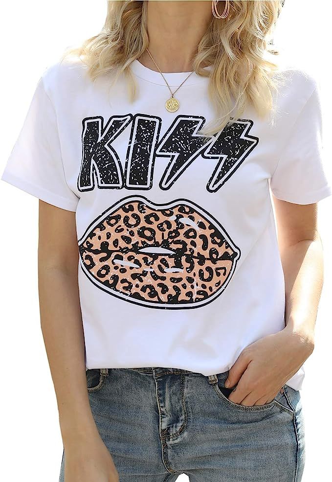Mansy Womens Red Lips Leopard Print Tongue T-Shirts Summer Cute Short Sleeve Cheetah Animal Print... | Amazon (US)