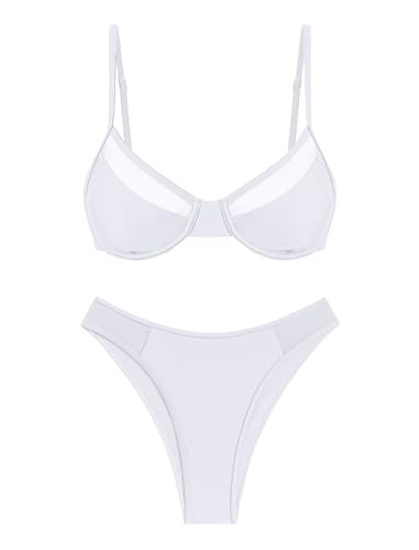 ZAFUL Women Underwire Bikini Set Push Up Mesh Bikini Tie Back Cheeky Swimsuit High Cut 2 Piece Bathing Suit White XL | Amazon (US)