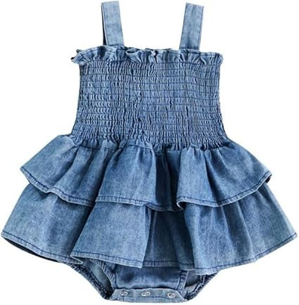 Newborn Baby Girl Denim Dress Sleeveless Smocked Ruffle Romper Tutu Dress Infant One Piece Bodysu... | Amazon (US)