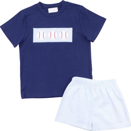 Blue And Navy Windowpane Applique Baseball Short Set | Cecil and Lou