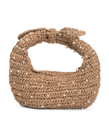 Straw Crochet Beaded Hobo With Faux Pearl Embellishments For Women | TJ Maxx