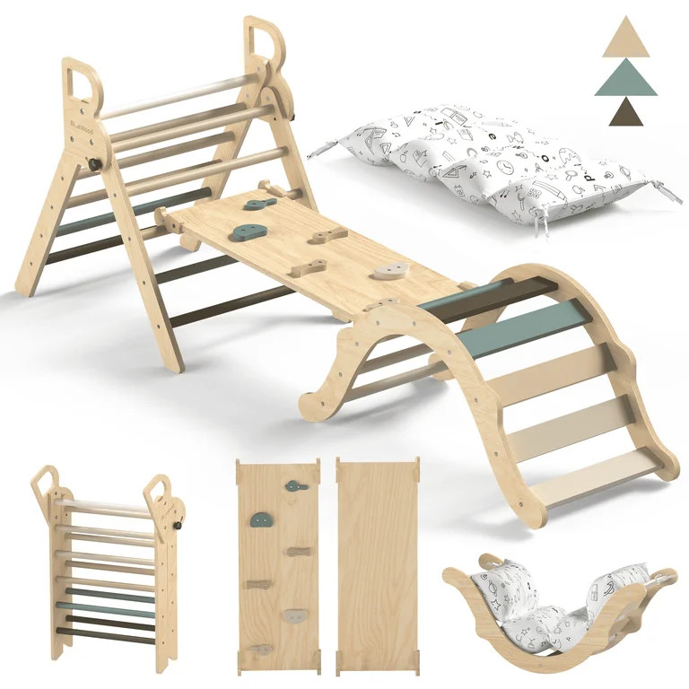 BlueWood Foldable Wooden Climbing Pikler Triangle Set 8-in-1 Indoor Jungle Gym for Kids | Walmart (US)