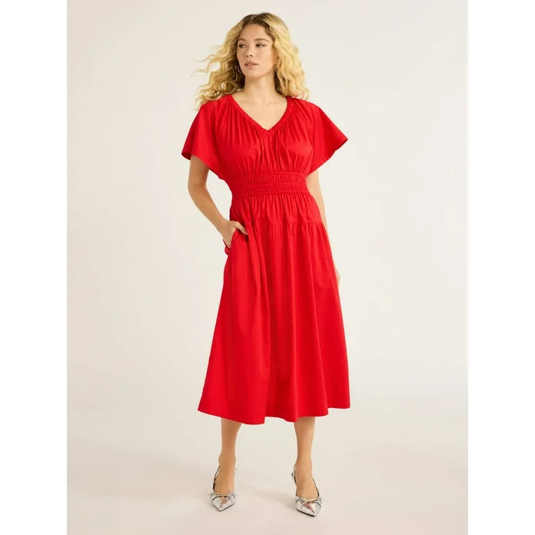 Free Assembly Women's and Women's Plus Denim Tiered Midi Dress with Flutter Sleeves, Sizes XS-4X | Walmart (US)