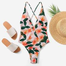 Criss Cross Random Floral One Piece Swimwear | ROMWE