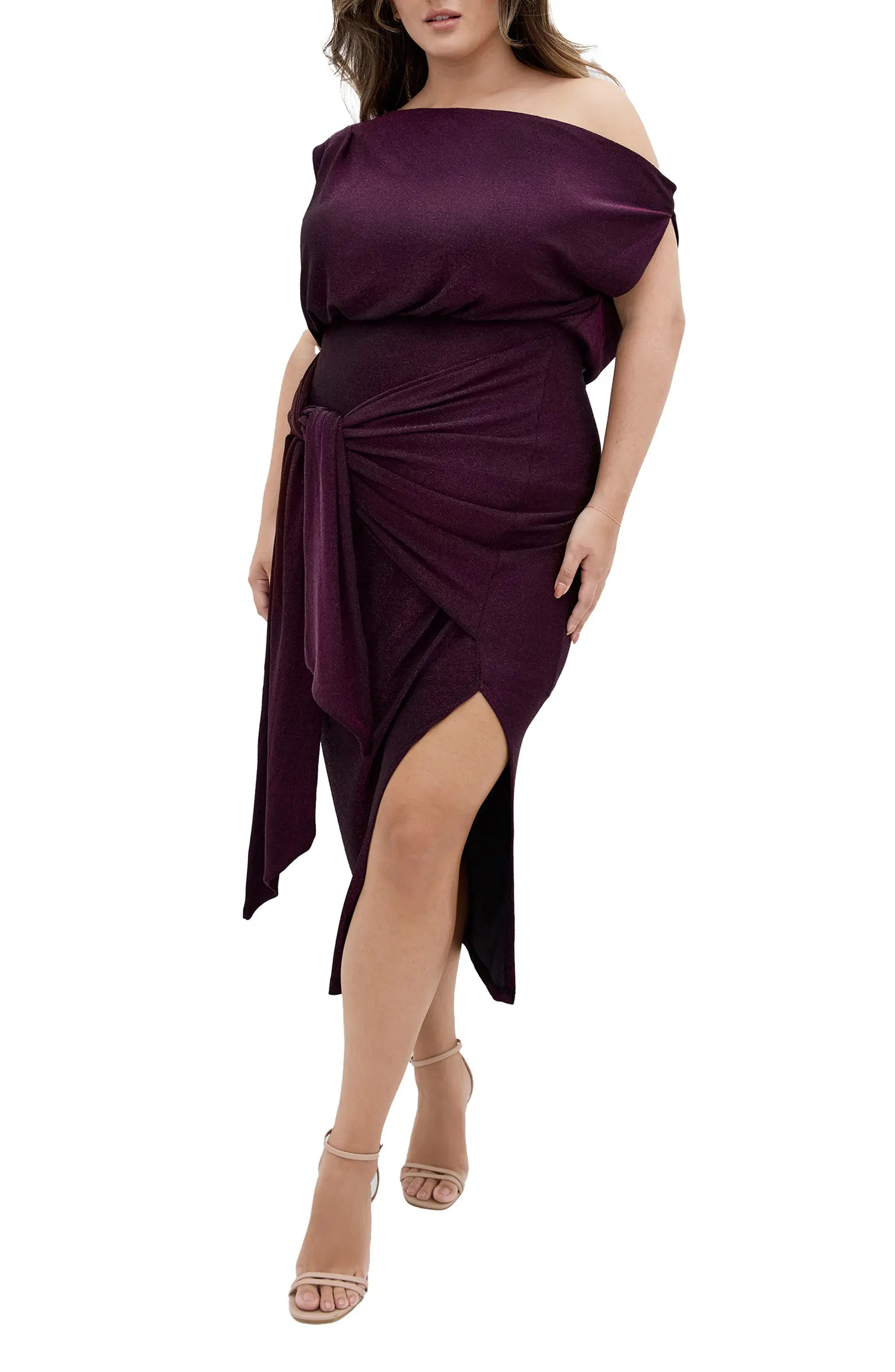 City Chic Paloma Tie Waist One-Shoulder Midi Dress | Nordstrom | Nordstrom