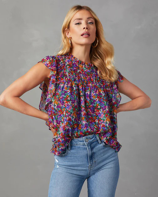 Amerie Floral Ruffle Short Sleeve Top - Black/Multi | VICI