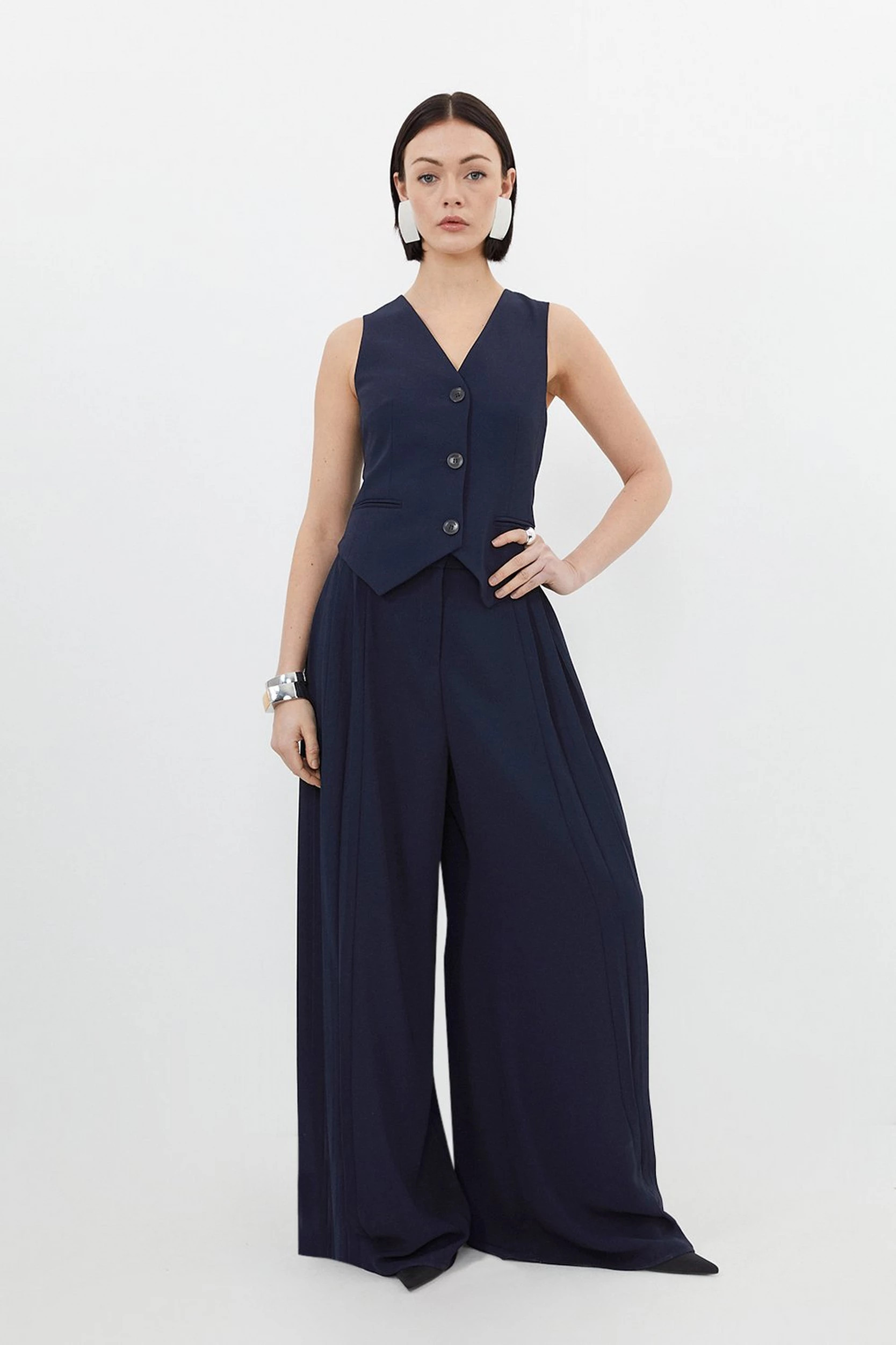 Tailored Crepe Waistcoat Wide Leg Pleated Panel Jumpsuit | Karen Millen UK + IE + DE + NL